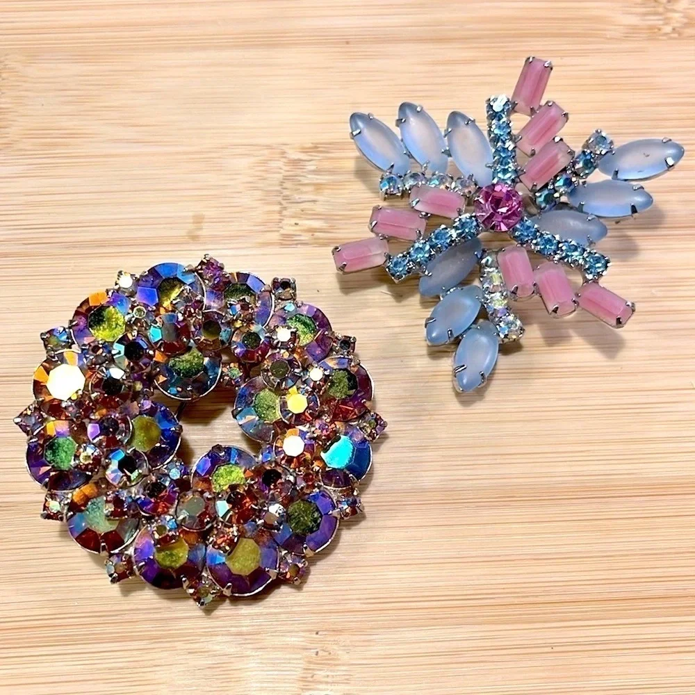 Set of 2 Antique Vintage Brooches Large Decorative Rhinestone Pins Blazer Jacket
